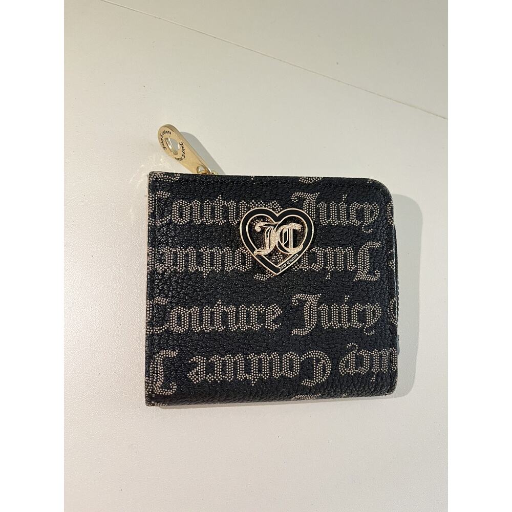 Juicy Couture Black Logo Heart Zip-Around Wallet Card Holder w/ ID Window